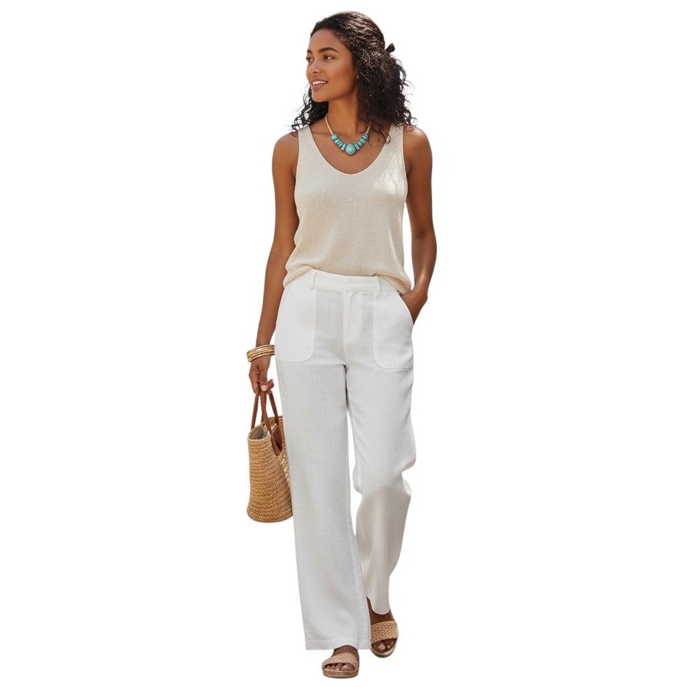 Chicos Linen Pants Sz 1 US 8 White Wide Leg Elastic Waist Beach Cruise